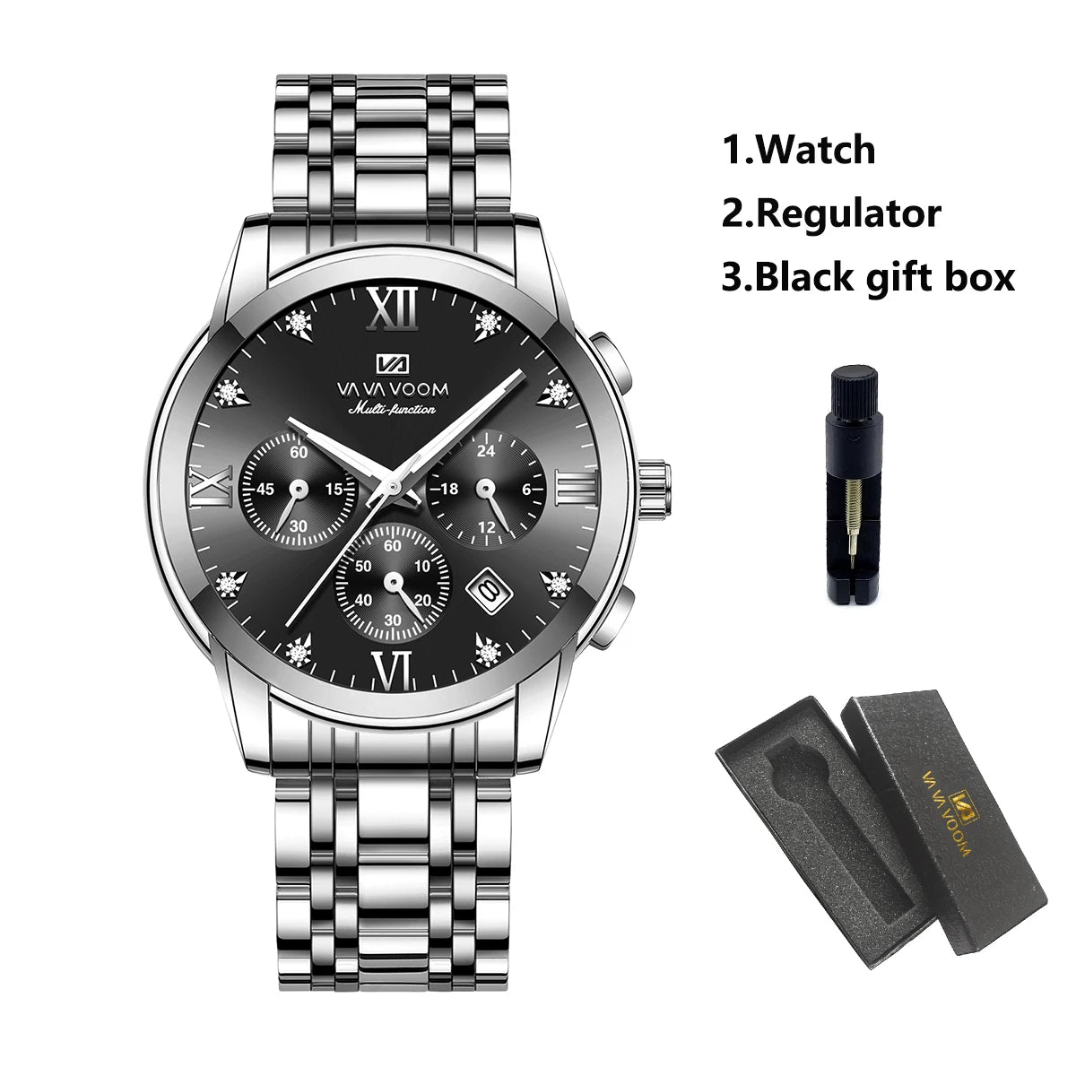 Men Multifunctional Watch - Fashionable Stainless Steel Strap - Blue Gold Rhinestone Clock