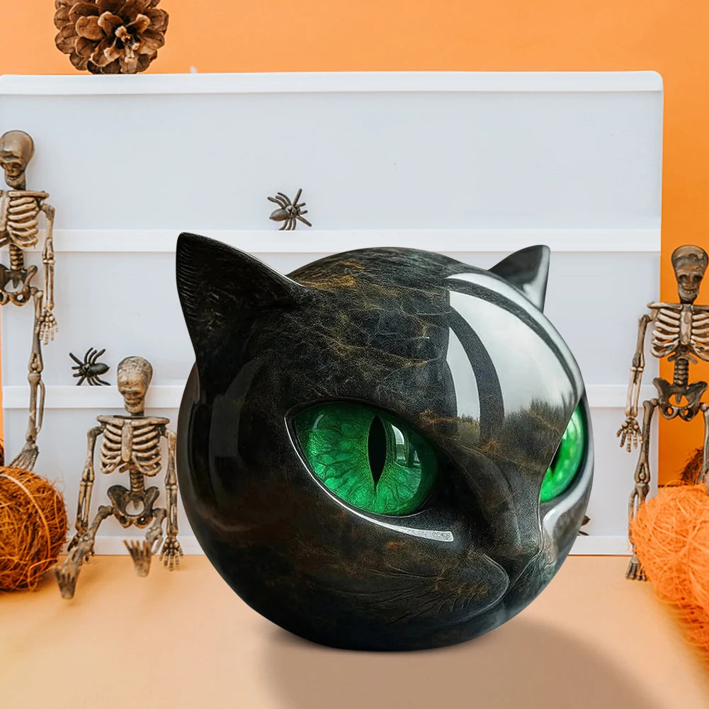 Black Obsidian Crystal Gemstone Cat - Cat Head Sculpture for Halloween & Christmas
