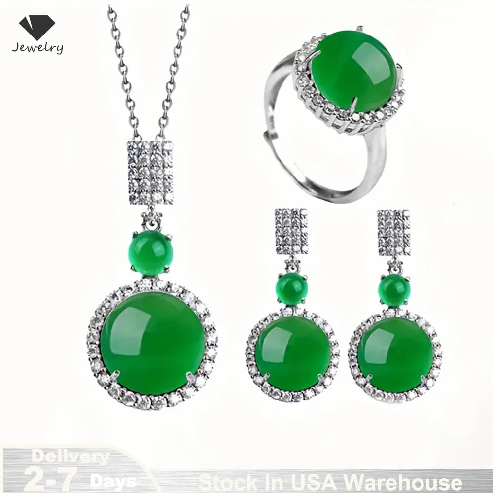 925 Silver Natural Ice Chalcedony Fashion Jewelry Set - Classic Luxury Round Green Earrings for Women - Diamond Ring - Necklace