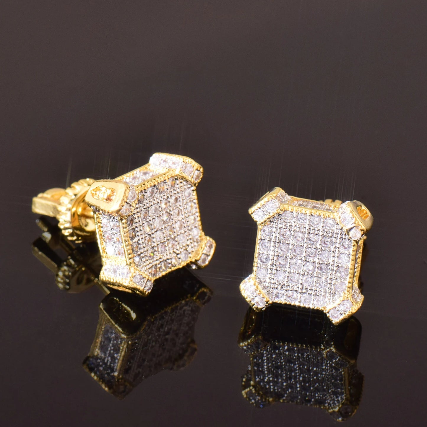 10MM Square Zircon Earring Gold,  silver Color - Men Women Screw Stud Earrings