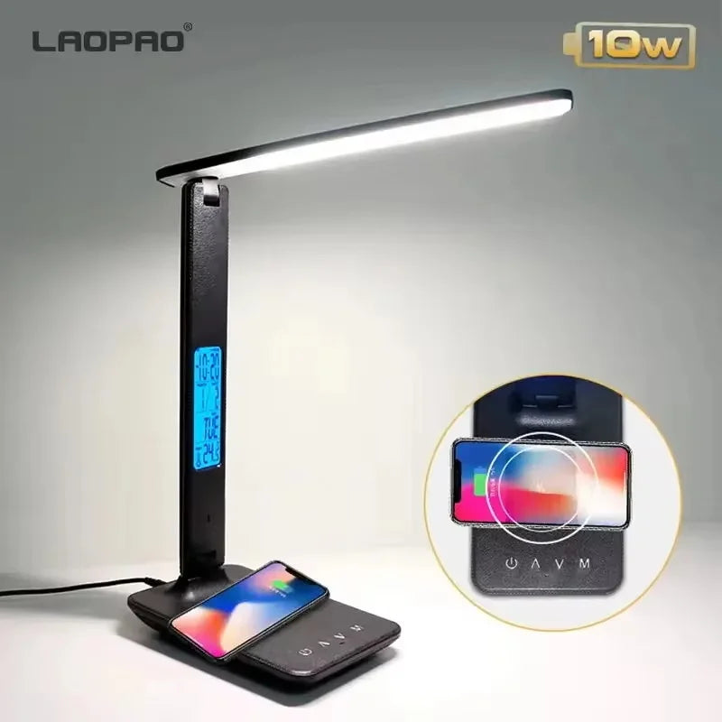 LAOPAO 10W QI Wireless Charging LED Desk Lamp - USB Charging Port Sliding - Dimmable Auto Timer with Night Light