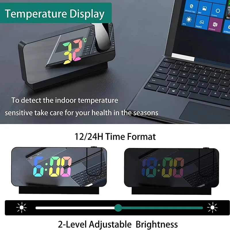 Projection Alarm Clock-  Desk Clock with Large Color LED Display - Rotatable Ceiling/Wall Projector for Bedroom, Office, Bathroom