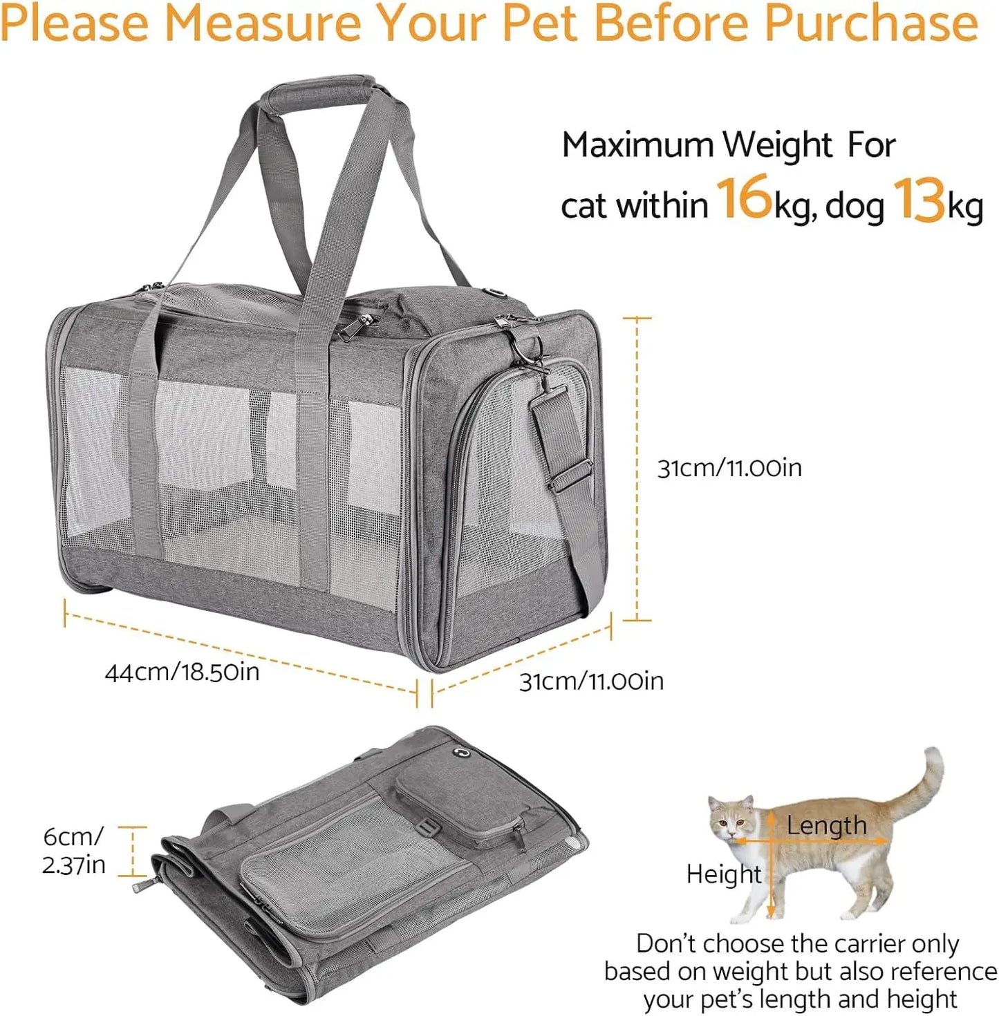 Airline Approved Pet Carrier for Cats  &  Dogs Soft Travel Bag with Breathable Honeycomb Board,Removable Support Board for Vet
