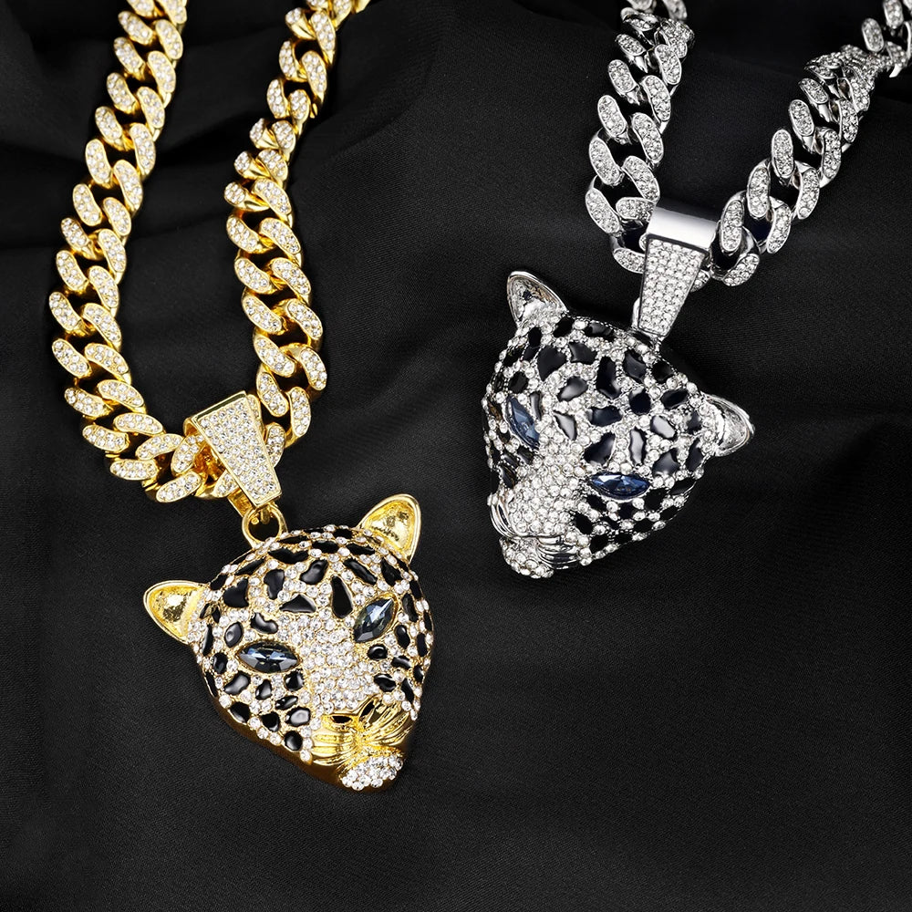 Leopard Necklace Zinc Alloy Diamond Leopard Head Pendant - Luxury Cuban Chain