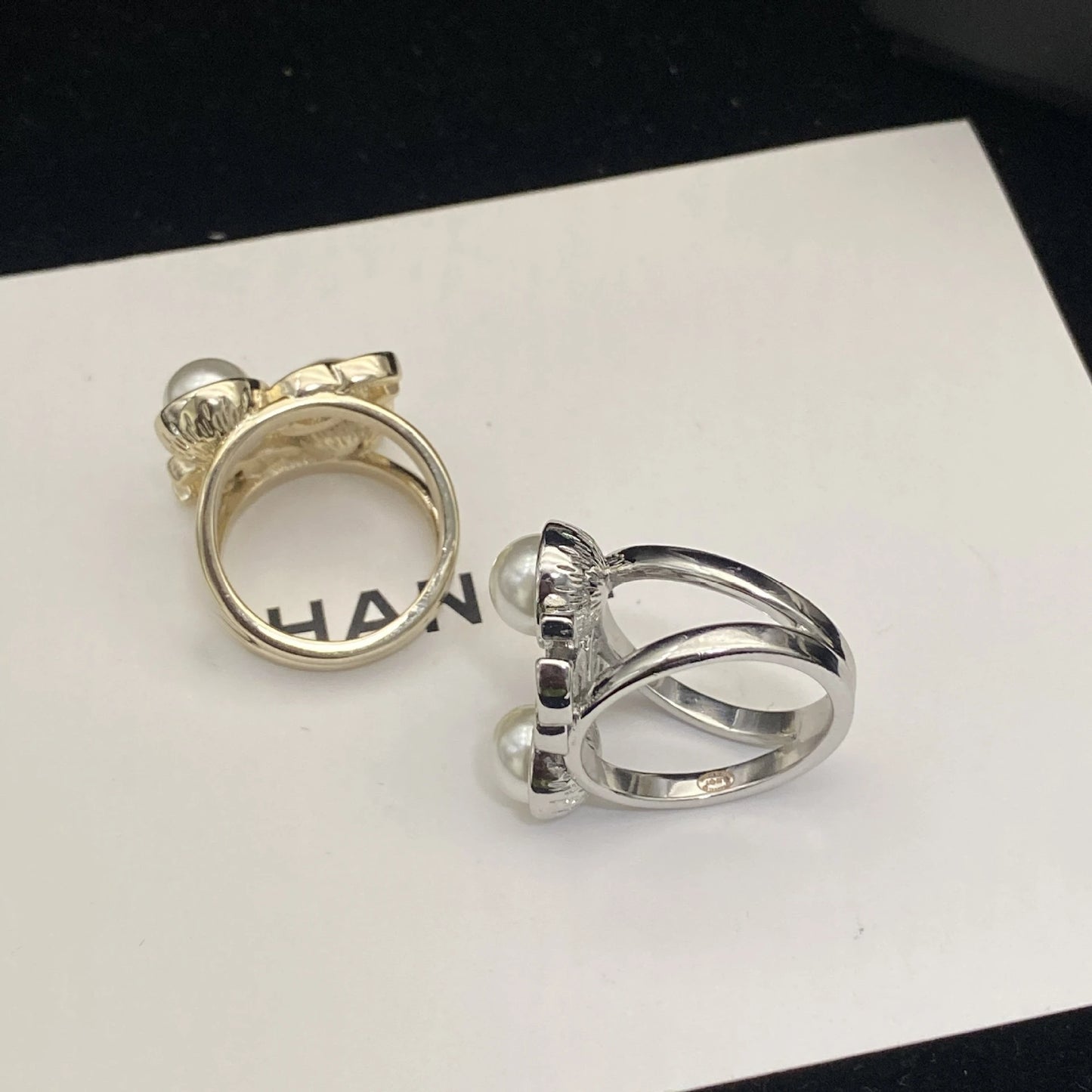 Stylish Two - tone Rings, Pearl - embellished with Chain - like Design, Unique and Gorgeous