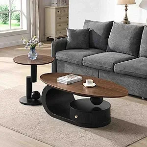 Modern 47.2" Nesting Coffee Table Set of 2, Oval and Round Centre Table Set for Living Room, Faux Marble Coffee Table and Round