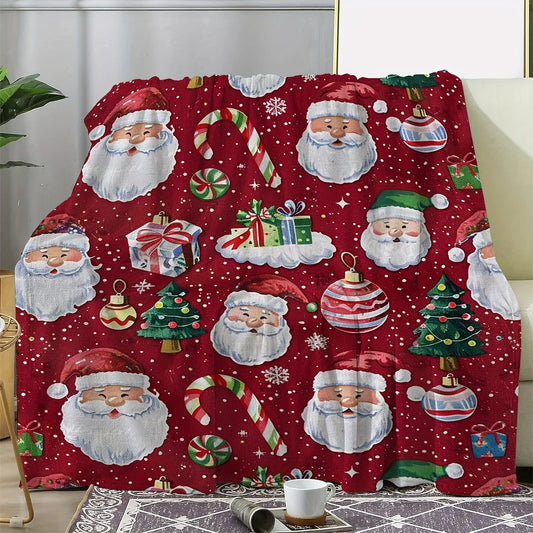 Vintage Christmas Santa Claus Snowflake Candy Cane - Tree Presents Pattern Flannel Throw Blanket – Cozy, Warm
