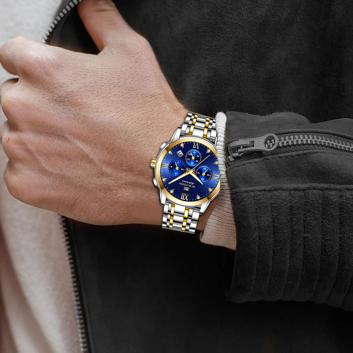 Men Multifunctional Watch - Fashionable Stainless Steel Strap - Blue Gold Rhinestone Clock