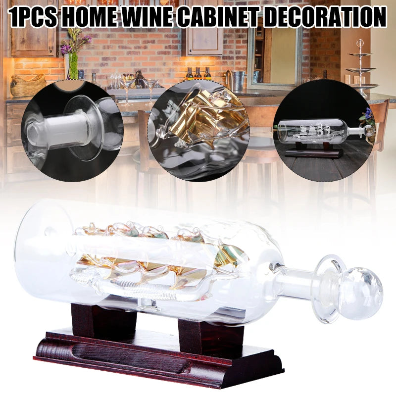 3D Decorative Glass Ornament Ship  With Wooden Base