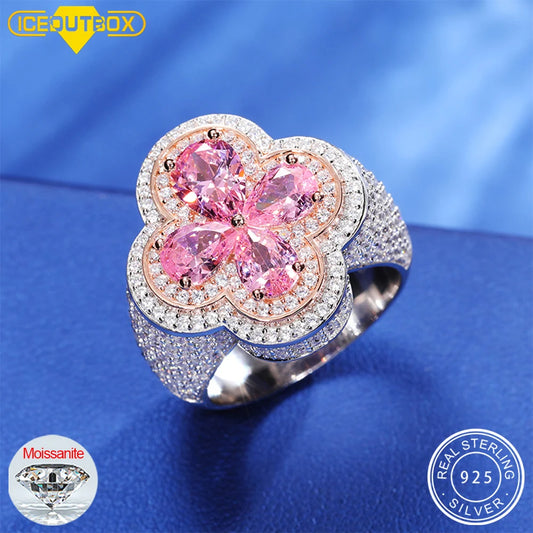 925 Sterling Silver Lucky Clover Cross Ring With Pink Blue Water Drop Stone