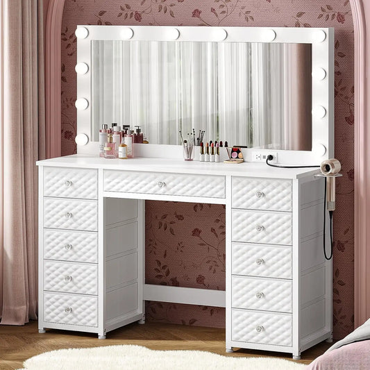 45.3” Vanity Desk with Storage, Dressing Table -  Extra Large Mirror and Lights,