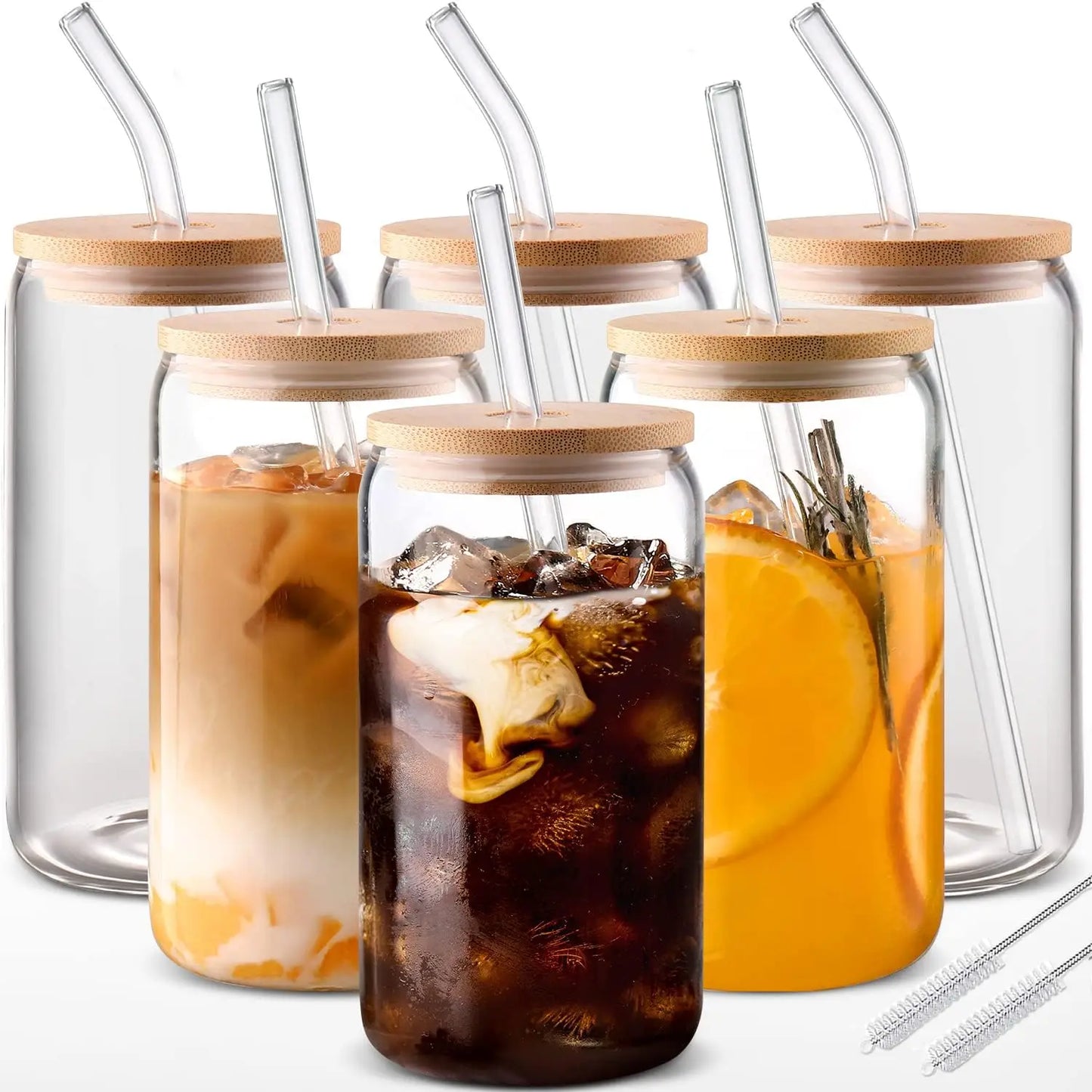 6pcs 18.6oz/Drinking Glasses with Bamboo Lids and Glass Straw