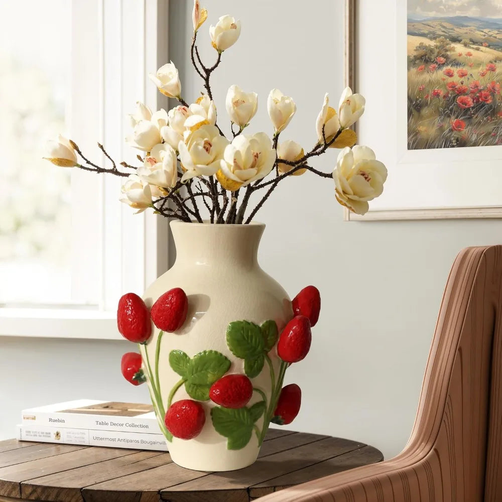 Unique Ceramic Flower Vase, - Modern Decorative Pottery Vases for Dining Table or Living Room Decor,- Ivory with Red Strawberries