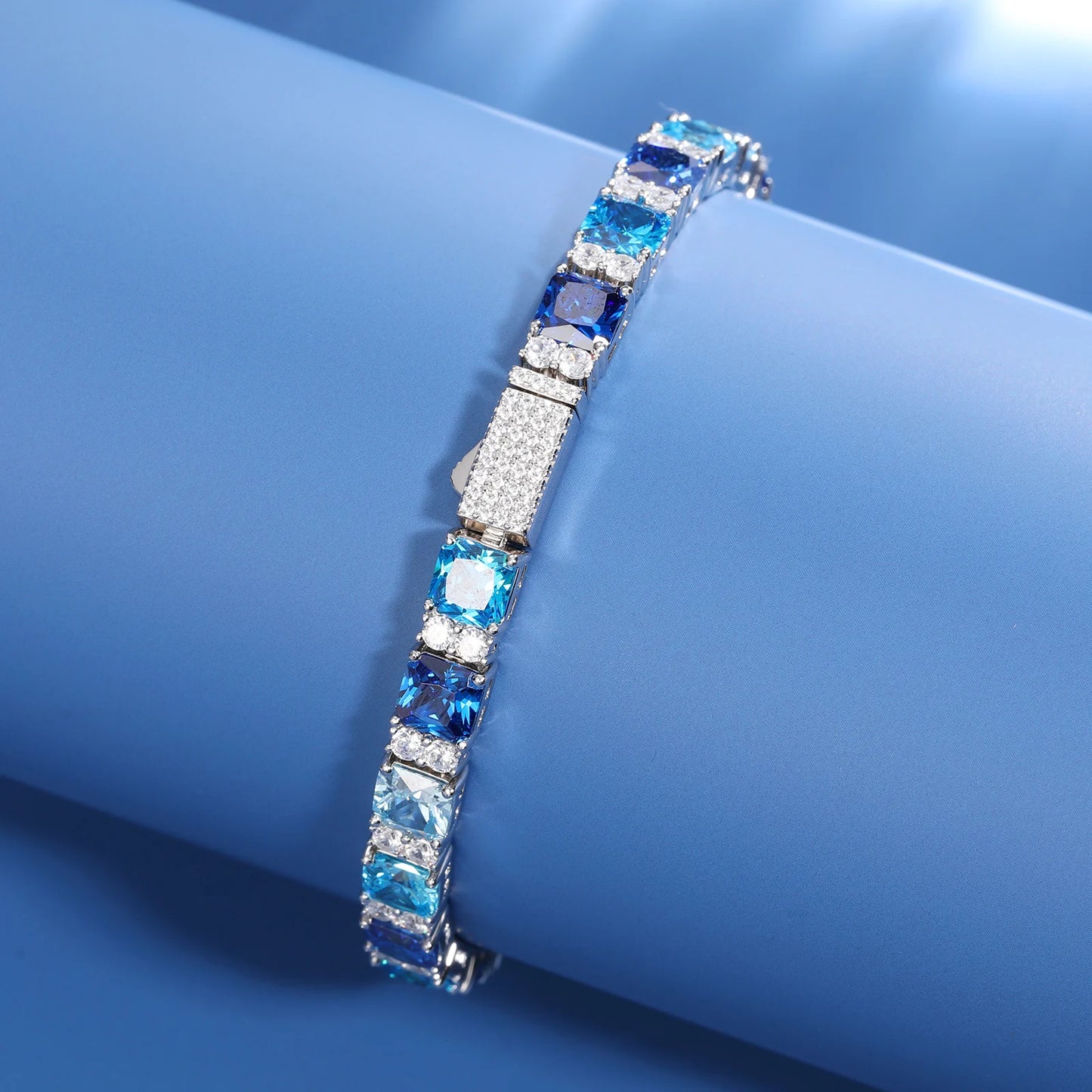 Original Gradient Blue Square Tennis Bracelet For Women S925 Sterling Silver Men Unisex Hip Hop Jewelry Party Gift New 2024