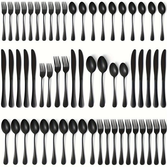 60pcs, Stainless Steel Flatware Set - Black Silverware Mirror Polished Cutlery Set - Dishwasher Safe