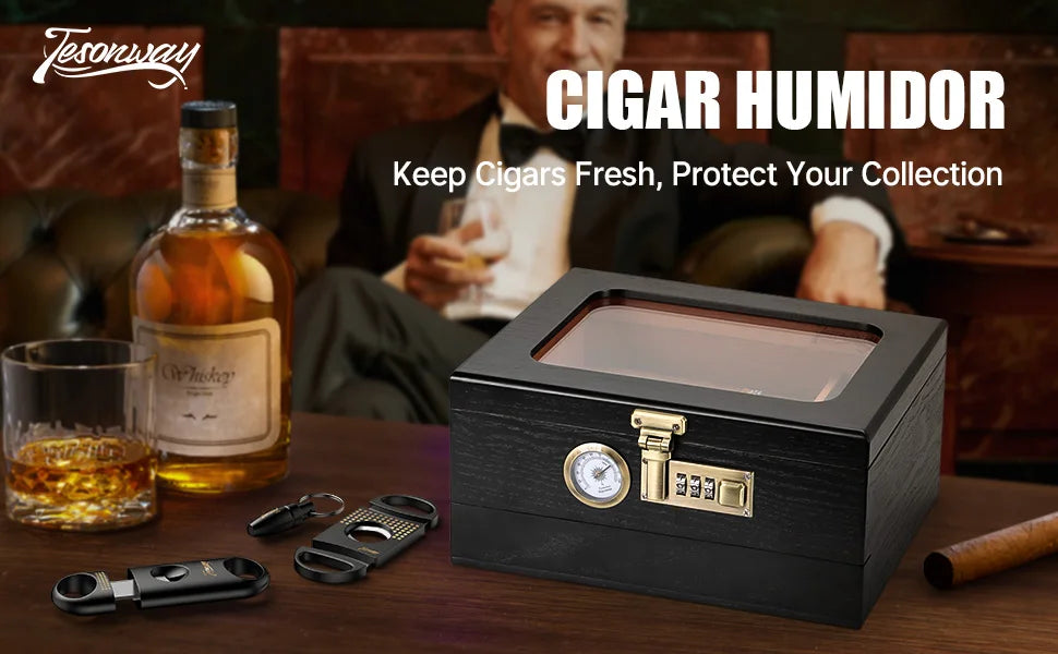 Cedar Wood Cigar Humidor,Glass Top Desktop Box with Front Hygrometer,Humidifier,Divider,Accessories Drawer and Combination Lock