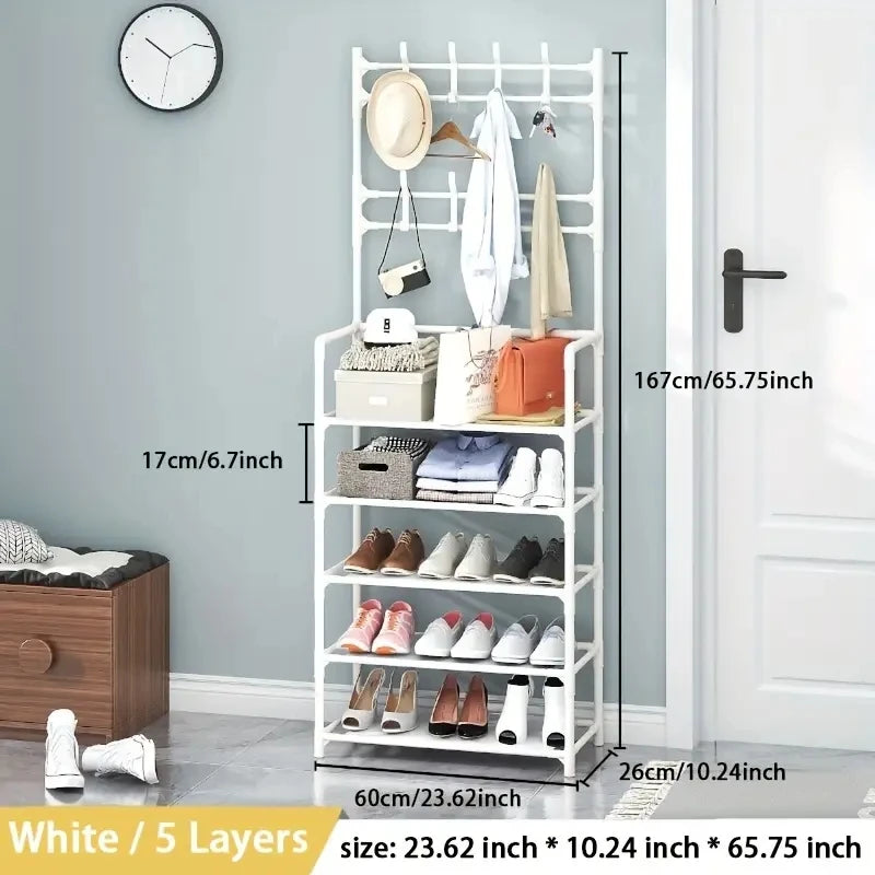A clothes hanger and shoe rack , used for storing shoes, clothes, jackets, hats, bags, umbrellas i