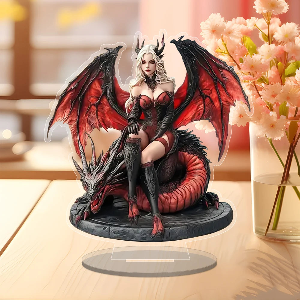 Acrylic Enchantress & Red Dragon Figurine - Halloween Theme Decorative