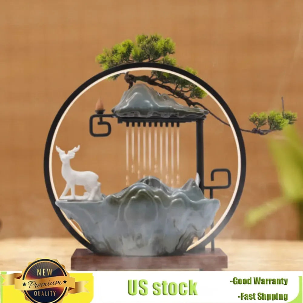Indoor Water Fountain With Mist Touch Switch LED Light - Incense Burner Waterfall