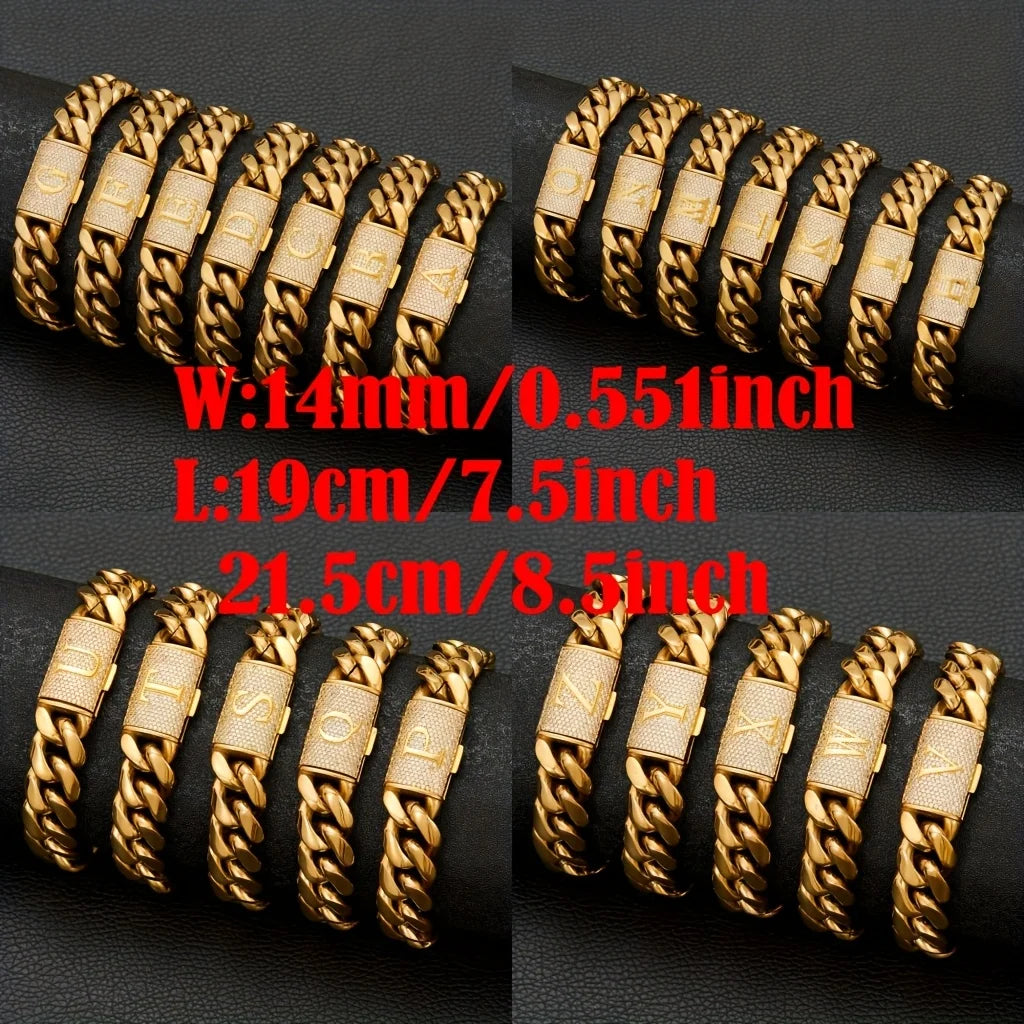 14mm Cuban Link Chain Bracelets - 18K Gold Plated Stainless Steel - Exaggerated Big Bangle Bracelet. - Men'Letter Bracelet