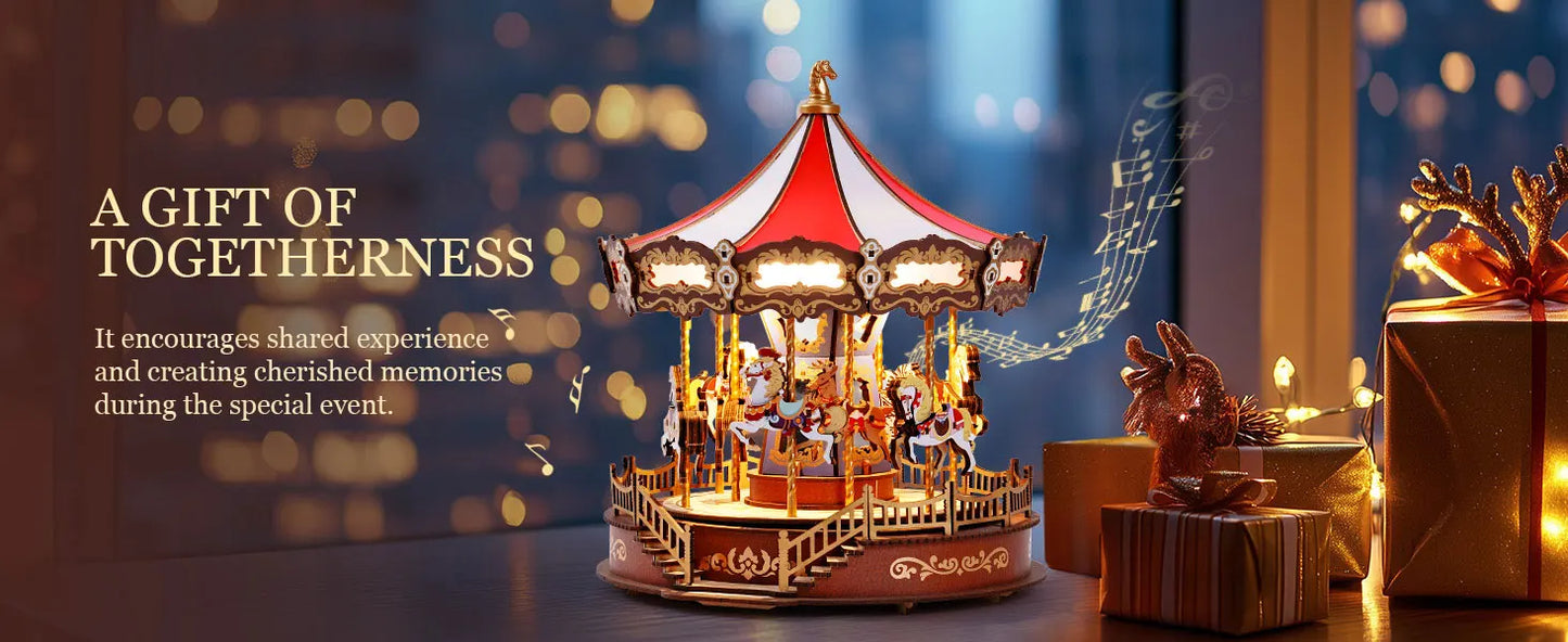 Robotime 3D Wooden Puzzle - Carousel Music Box With LED Lights