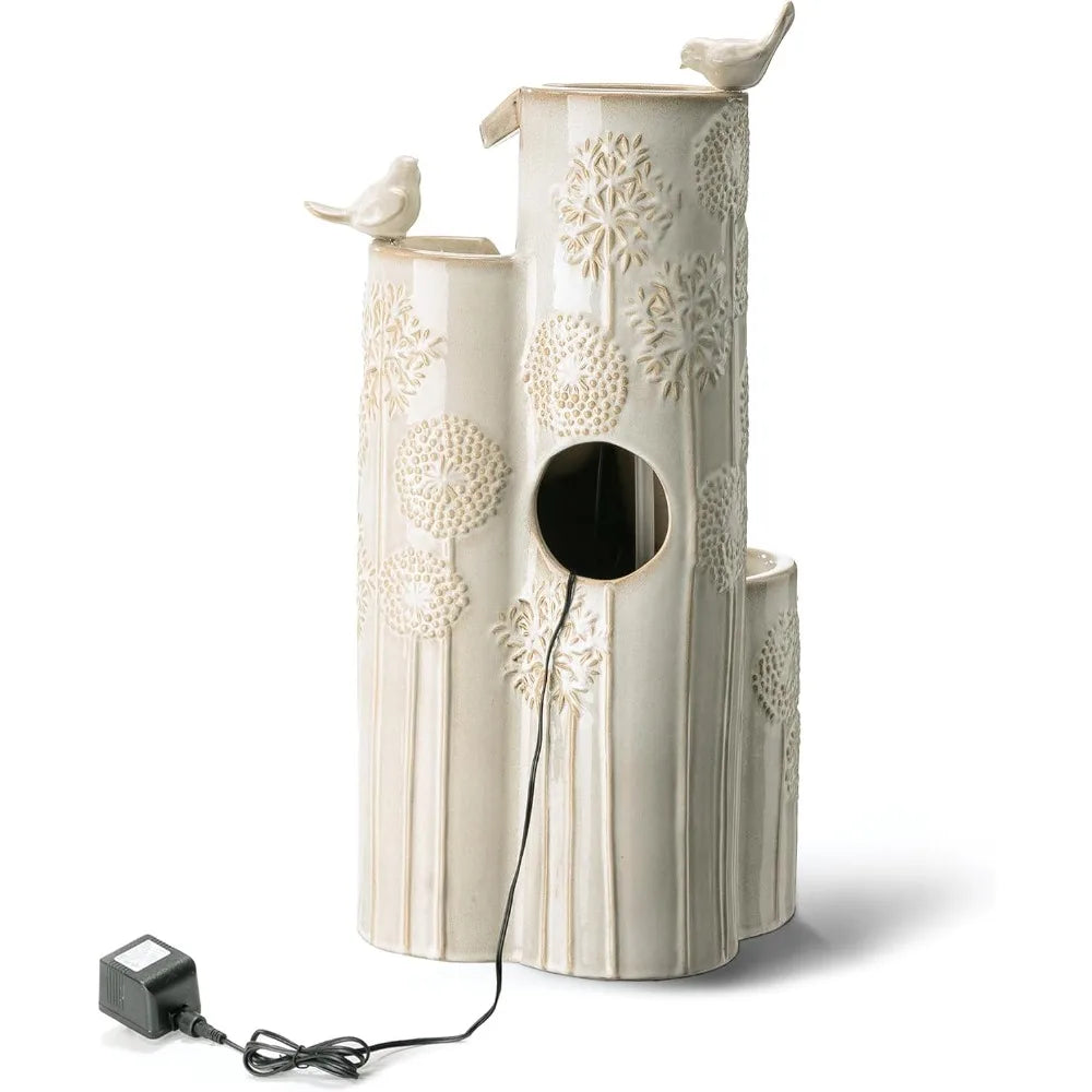 31.75" H Outdoor Water Fountain with LED Lights and Pump,- 4 Tier Dandelion Texture Vase Shaped Ceramic Floor Standing Fountain