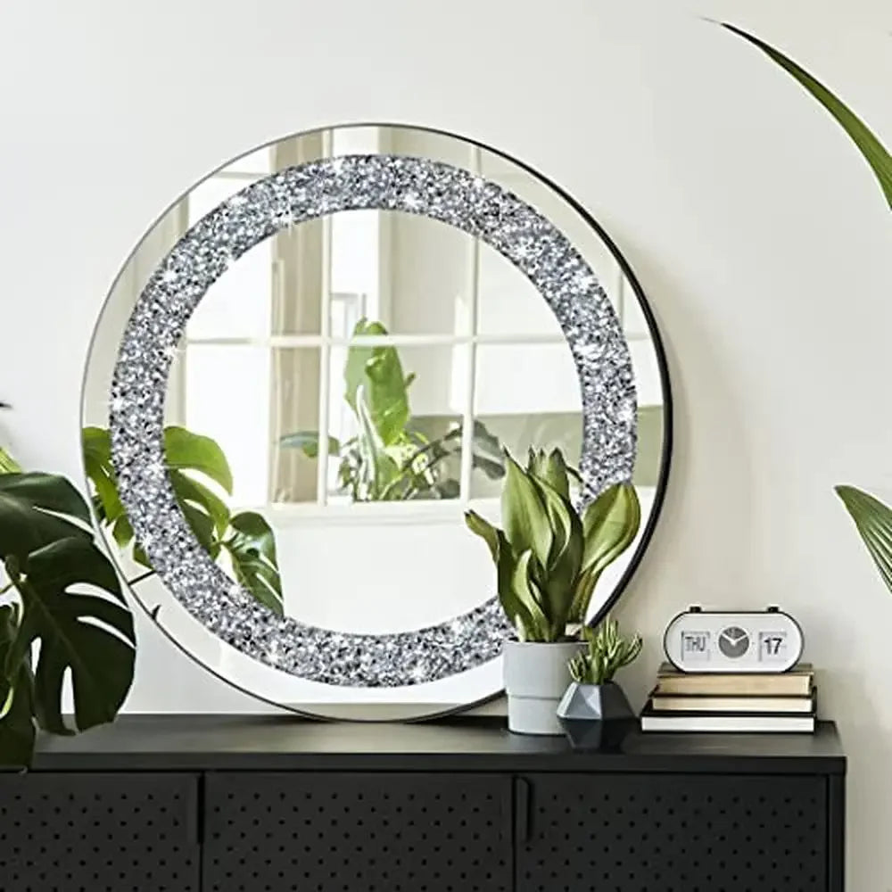 Crystal Crushed Diamond Round Silver Wall  Mirror