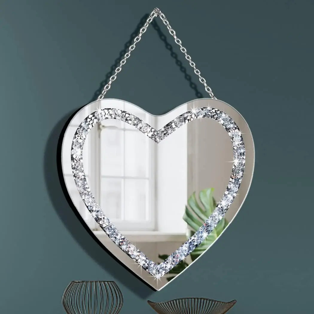 Crystal Crush Diamond Heart Shaped Silver Mirror With Silver Stainl Steel Chain B