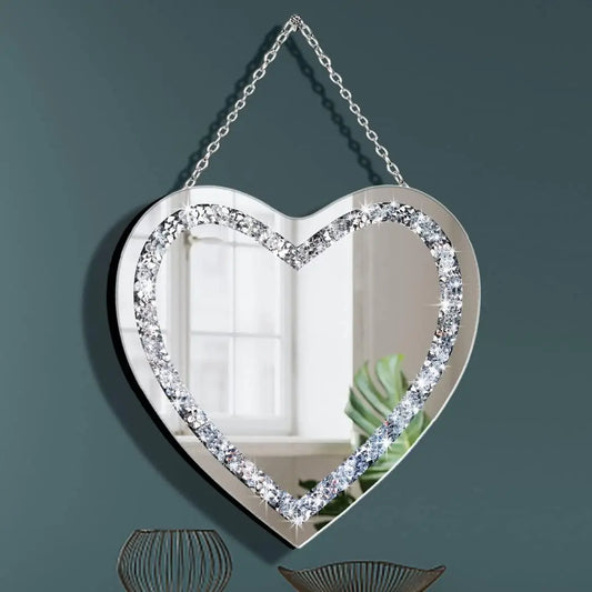 Crystal Crush Diamond Heart Shaped Silver Mirror With Silver Stainl Steel Chain B