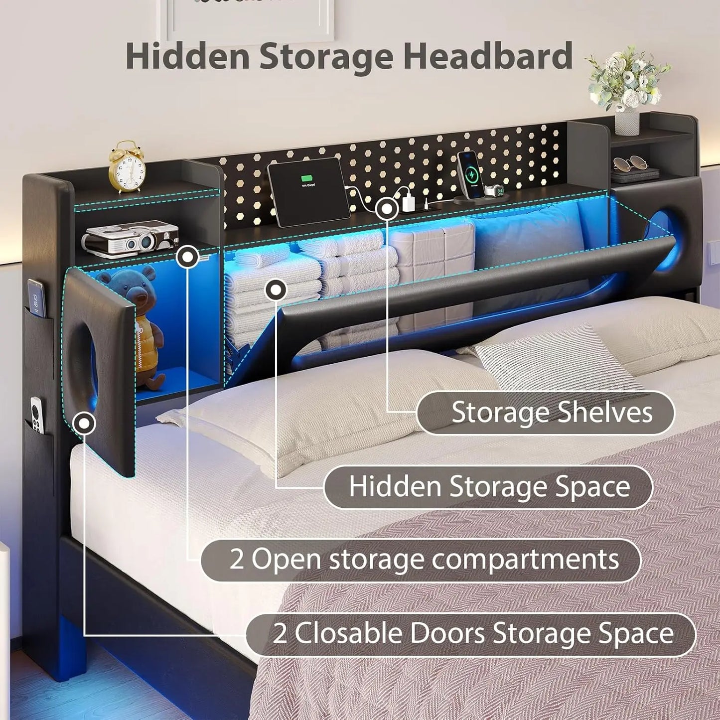 Floating Bed Frame King with Storage & Headboard, - Platform Bed with LED Lights, - Floating King Size Bed Frame with Headboard