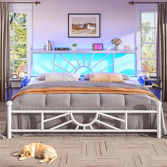 Metal King Bed Frame and Headboard, Footboard,King Size Bed Frame with LED Light, Mattress Foundation with Under Bed Storage