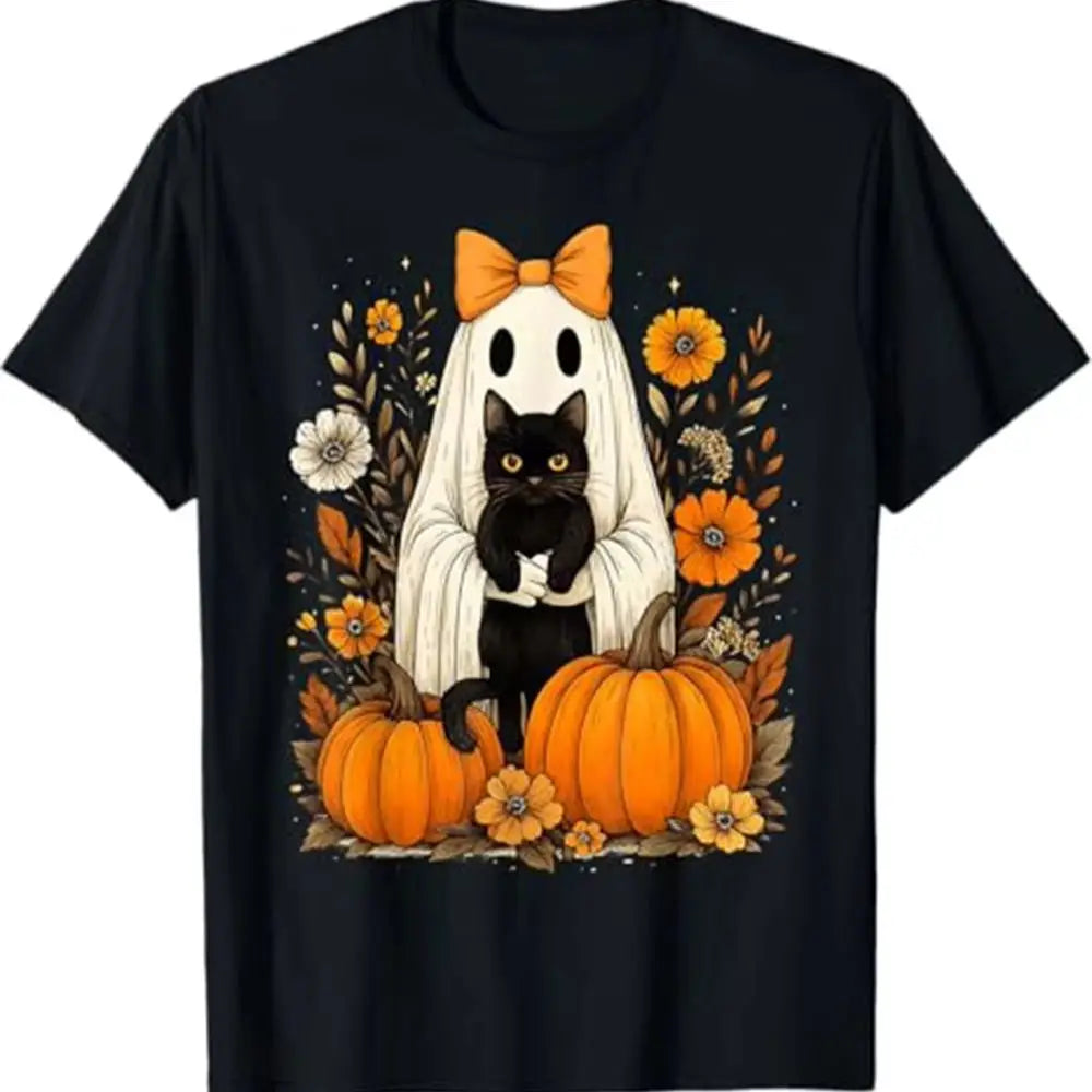 Vintage Halloween Ghost Holding Black Cat - Groovy Floral T-Shirt