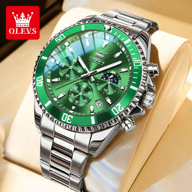 Moon Phase Men's Watches - Original Waterproof Luxury Quartz Watch Stainless Steel Chronograph