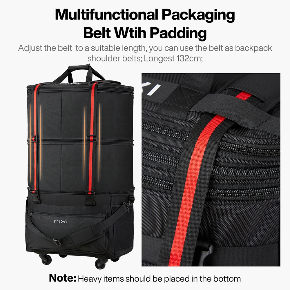 Mixi Foldable Travel Bag  -  Hand Carry Duffel Bag with Wheels - Expandable Rolling Travel Bag - Large Capacity Waterproof Luggage Bag