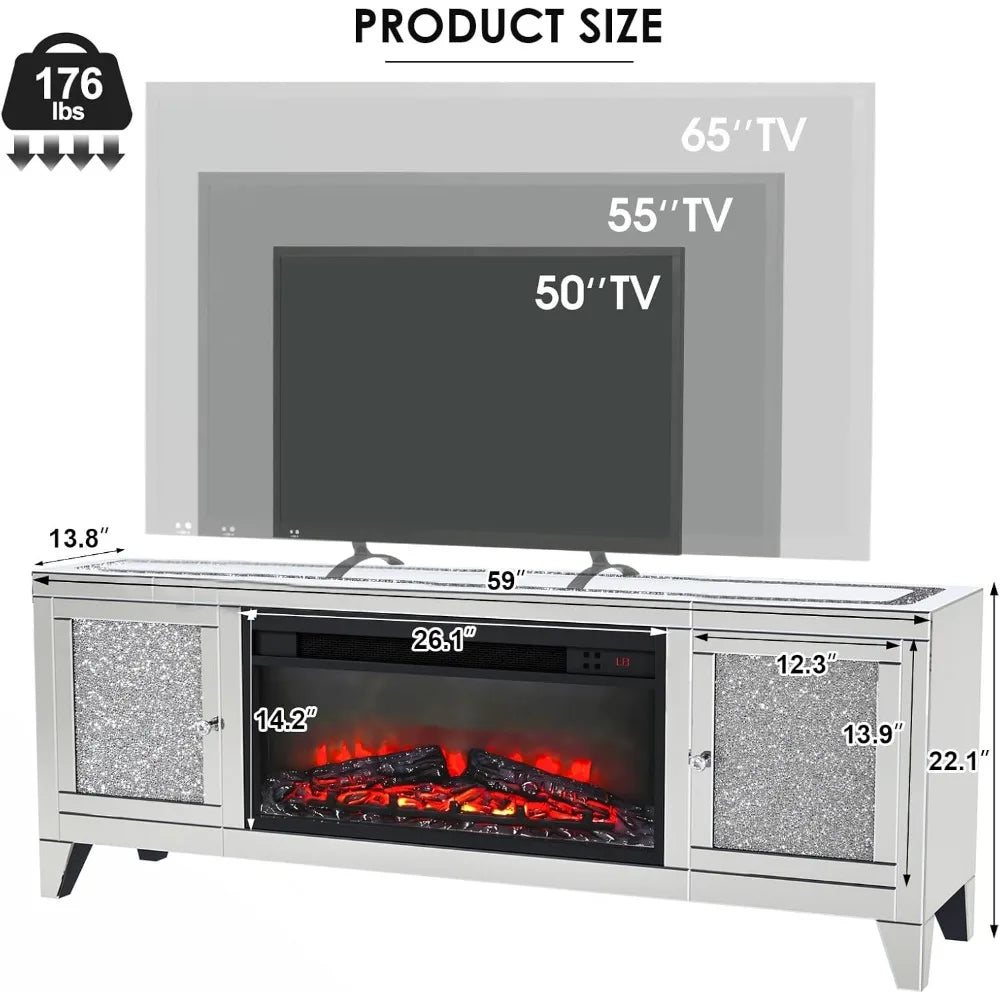 Fireplace TV Stand, Mirrored Silver  for 65 Inch TVs, Tall  Entertainment Center with Storage,