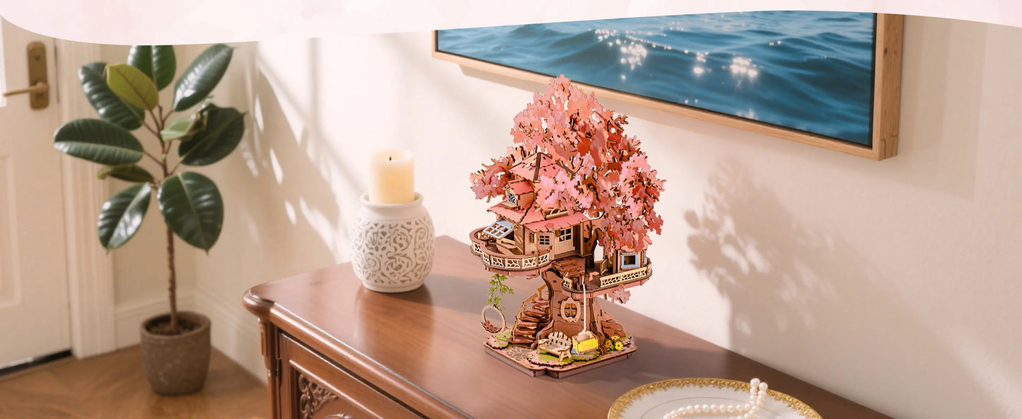 Robotime  Sakura Tree House 3D Wooden Puzzle - Model Kit with Swing Stairs - Perfect Christmas Home Decor- DIY Gift for Adults