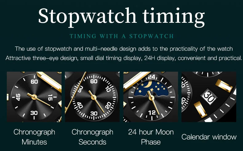Moon Phase Men's Watches - Original Waterproof Luxury Quartz Watch Stainless Steel Chronograph