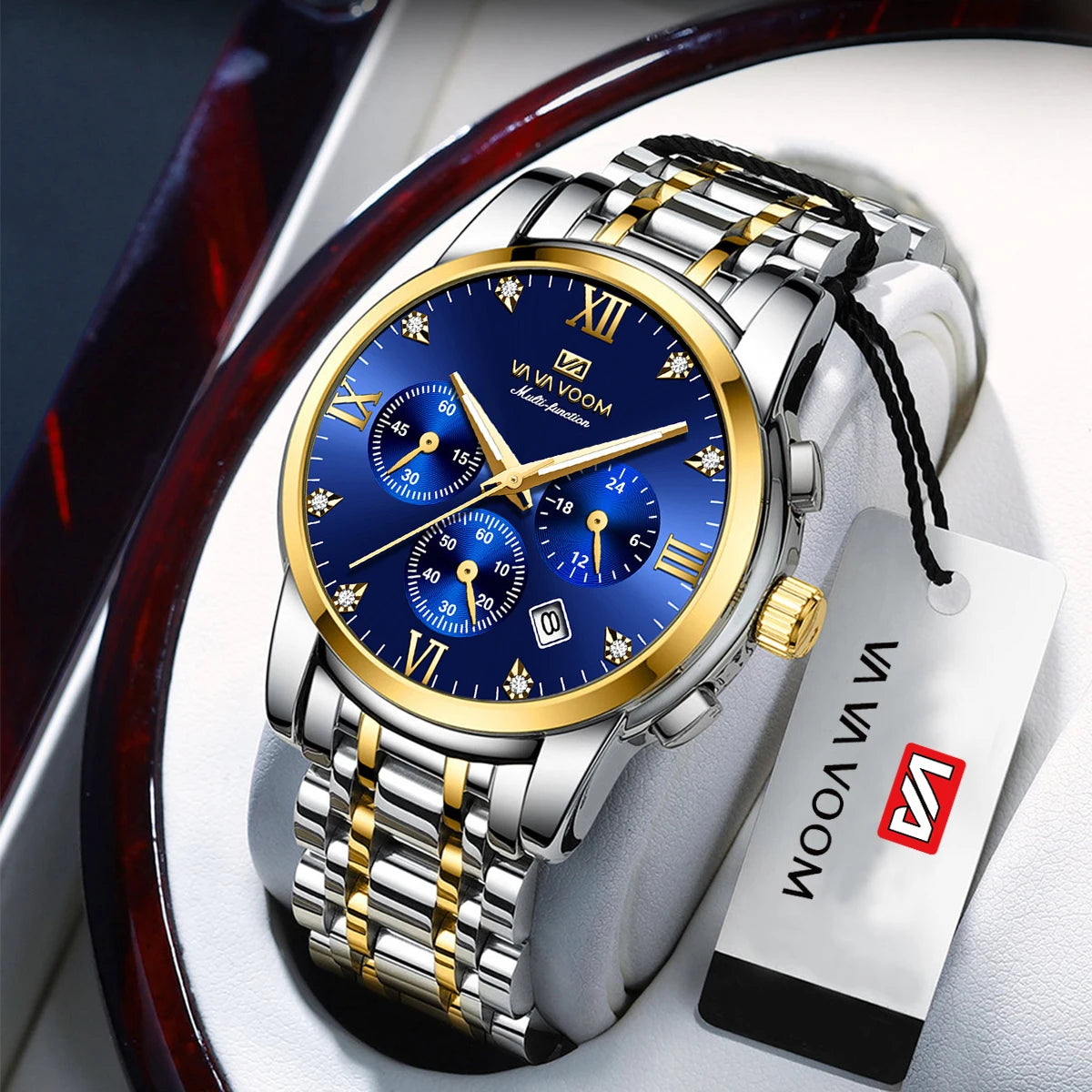 Men Multifunctional Watch - Fashionable Stainless Steel Strap - Blue Gold Rhinestone Clock