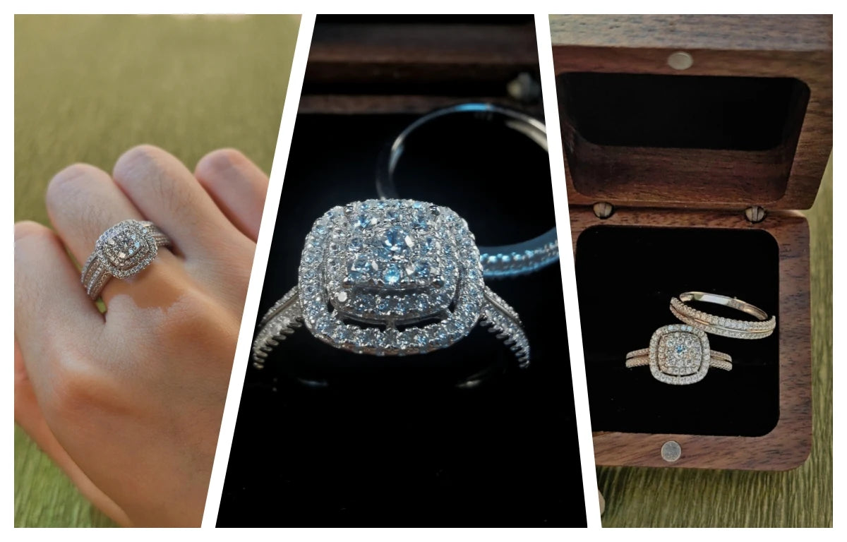 2Pcs Rings for Women - Solid 925 Sterling Silver - Halo Round Cut AAAAA Zircon