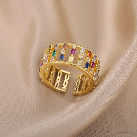 Rainbow Zircon Rings For Women Stainless Steel Gold Color - Geometric Adjustable Ring J