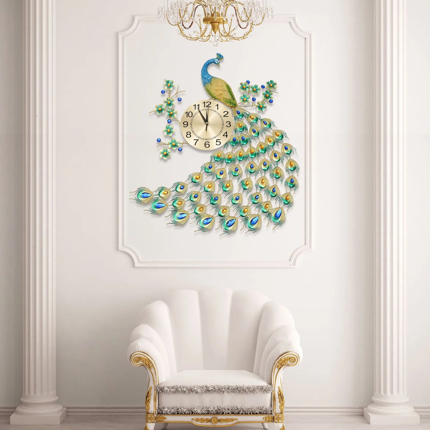 Luxury Peacock Wall Clock -  Metal 3D Art Decoration Wall Clock -  8.26Inch Silent Quartz