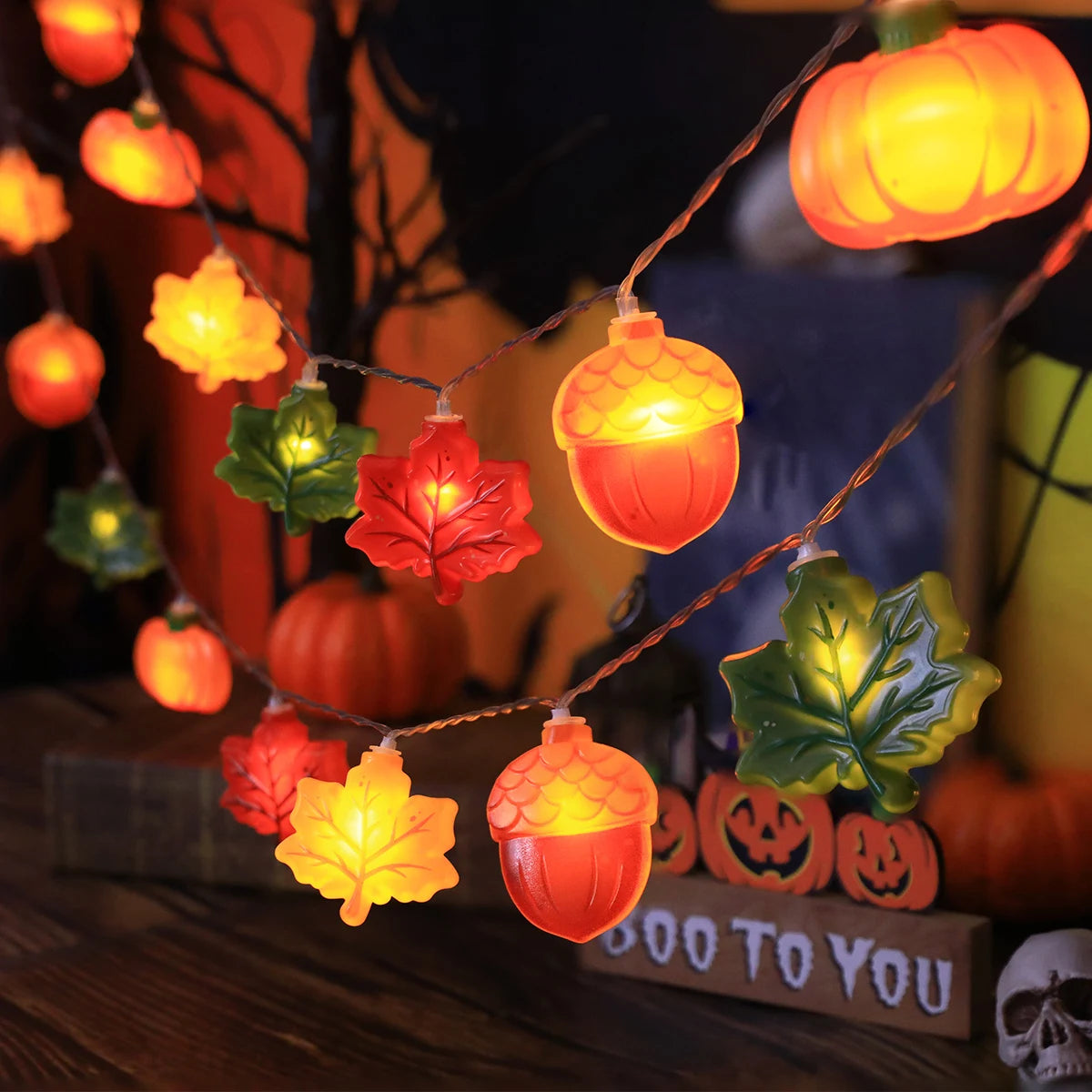LED Pumpkin Maple Leaf Acorn String Lights， Decoration for Halloween - Thanksgiving - Christmas,