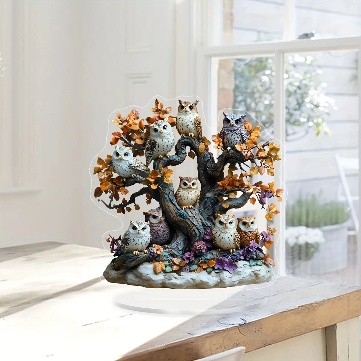 2D Acrylic Owl Tree Statue - Floral Desktop Decor with Stand
