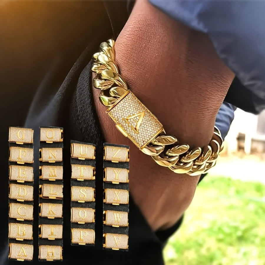 14mm Cuban Link Chain Bracelets - 18K Gold Plated Stainless Steel - Exaggerated Big Bangle Bracelet. - Men'Letter Bracelet