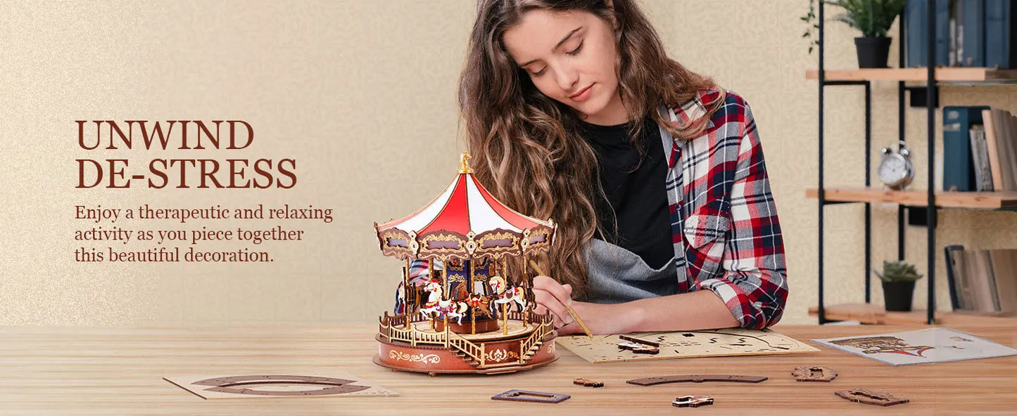 Robotime 3D Wooden Puzzle - Carousel Music Box With LED Lights