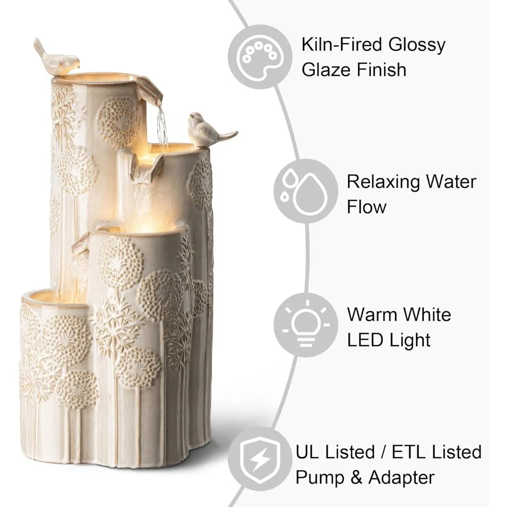 31.75" H Outdoor Water Fountain with LED Lights and Pump,- 4 Tier Dandelion Texture Vase Shaped Ceramic Floor Standing Fountain