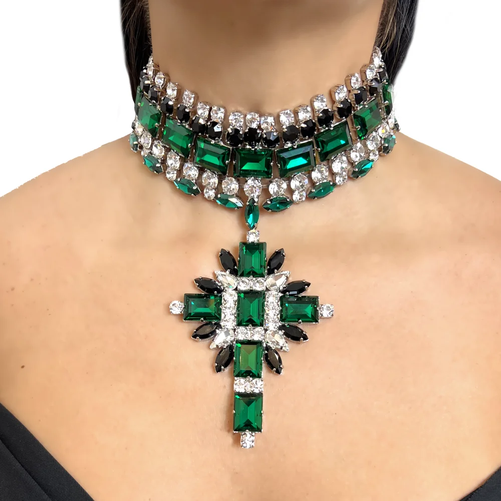 Green Cross Pendant Choker -  Bridal Collar Charms Party  - -Necklace Rhinestone Jewelry Pendant