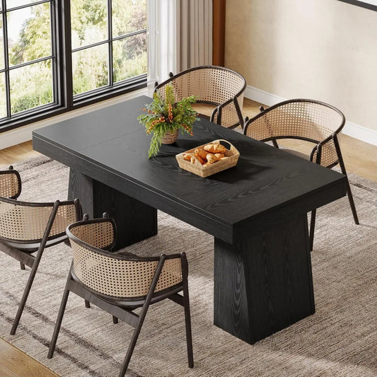 Dining Room Table for 4-6, 55-Inch Mid-Century Modern Dining Table with Double Pedstral, Rectangular Wood Kitchen Dinner Table f