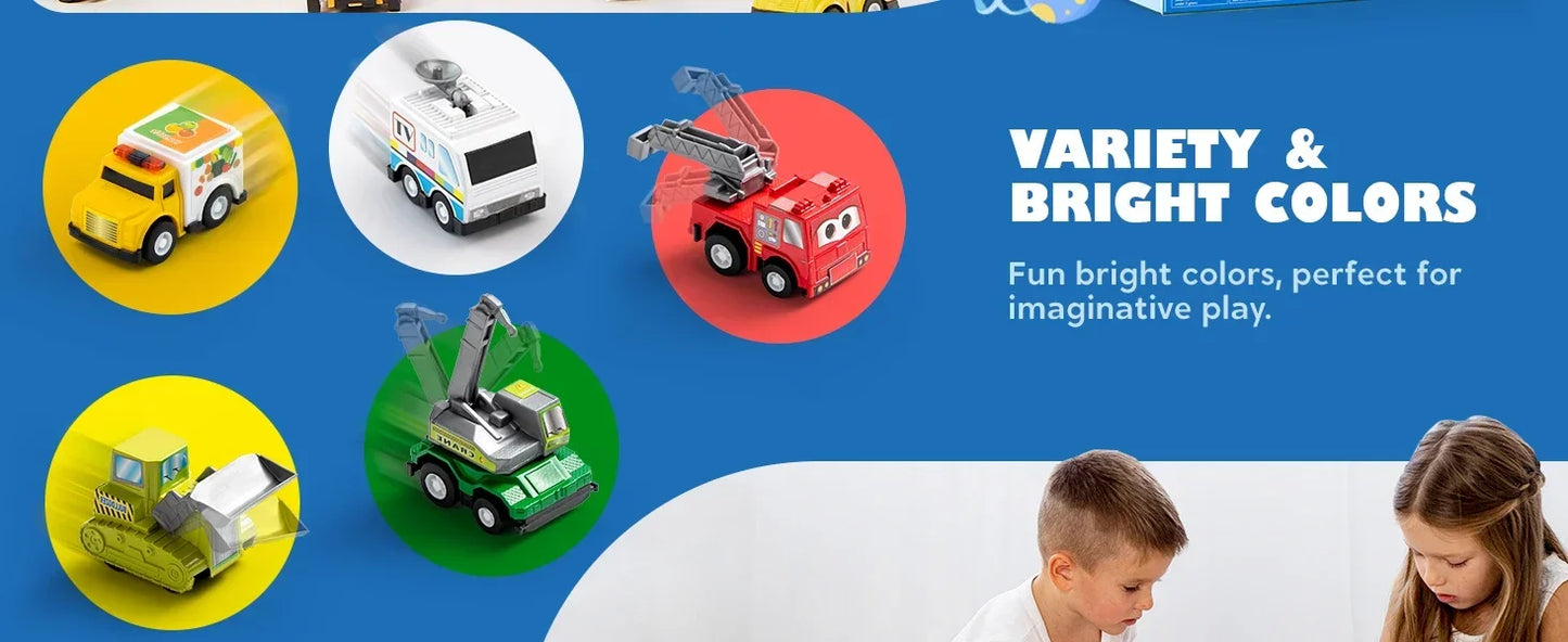 18 Pcs Pull Back City Cars and Trucks Toy Vehicles Set - Friction Powered Cars