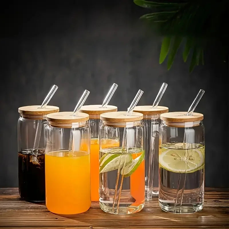 6pcs 18.6oz/Drinking Glasses with Bamboo Lids and Glass Straw